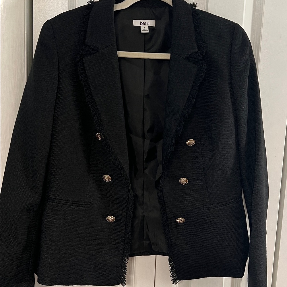 Bar III Women's Faux Double-Breasted Blazer with fringe edging on front Small